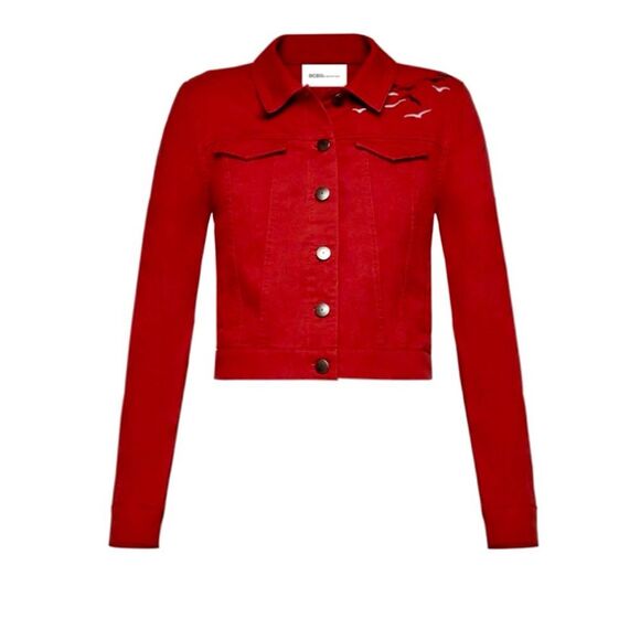 Short Cropped Denim Trucker Jean Jacket, Red, Birds, size XXS - Picture 4 of 12